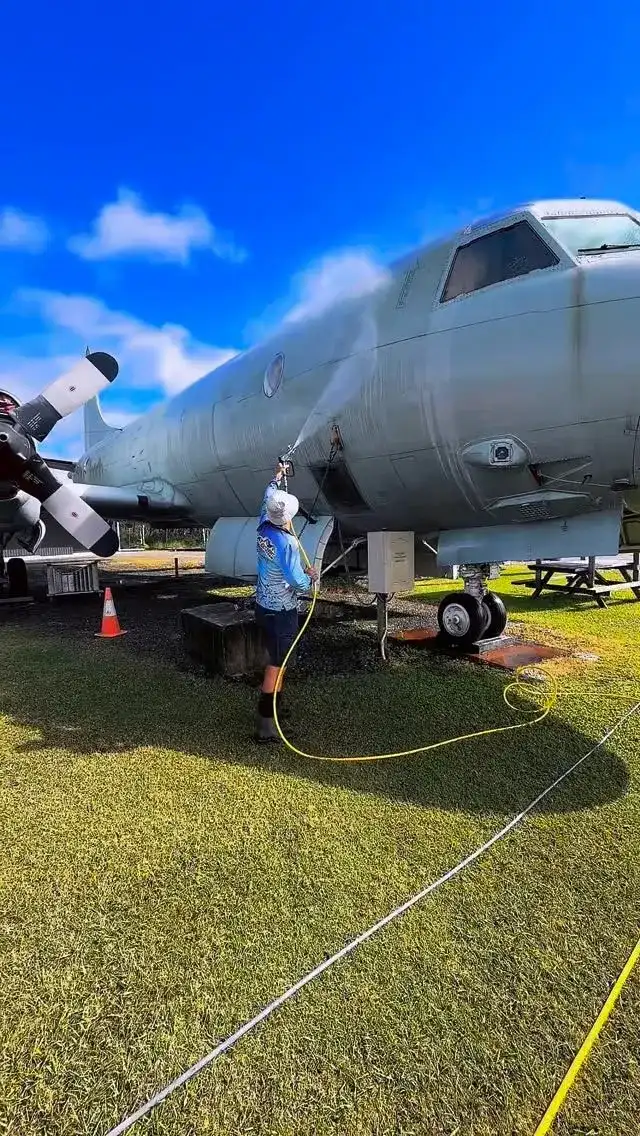 Xterior Power Clean technician washing a large aircraft at Caloundra Airfield