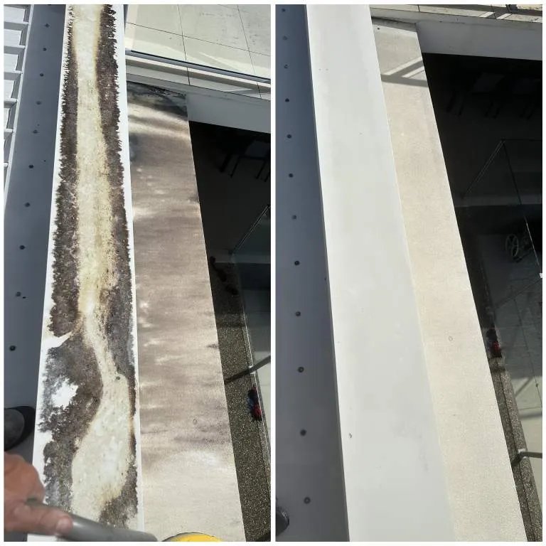 Commercial building beam and entry pressure cleaned, before and after