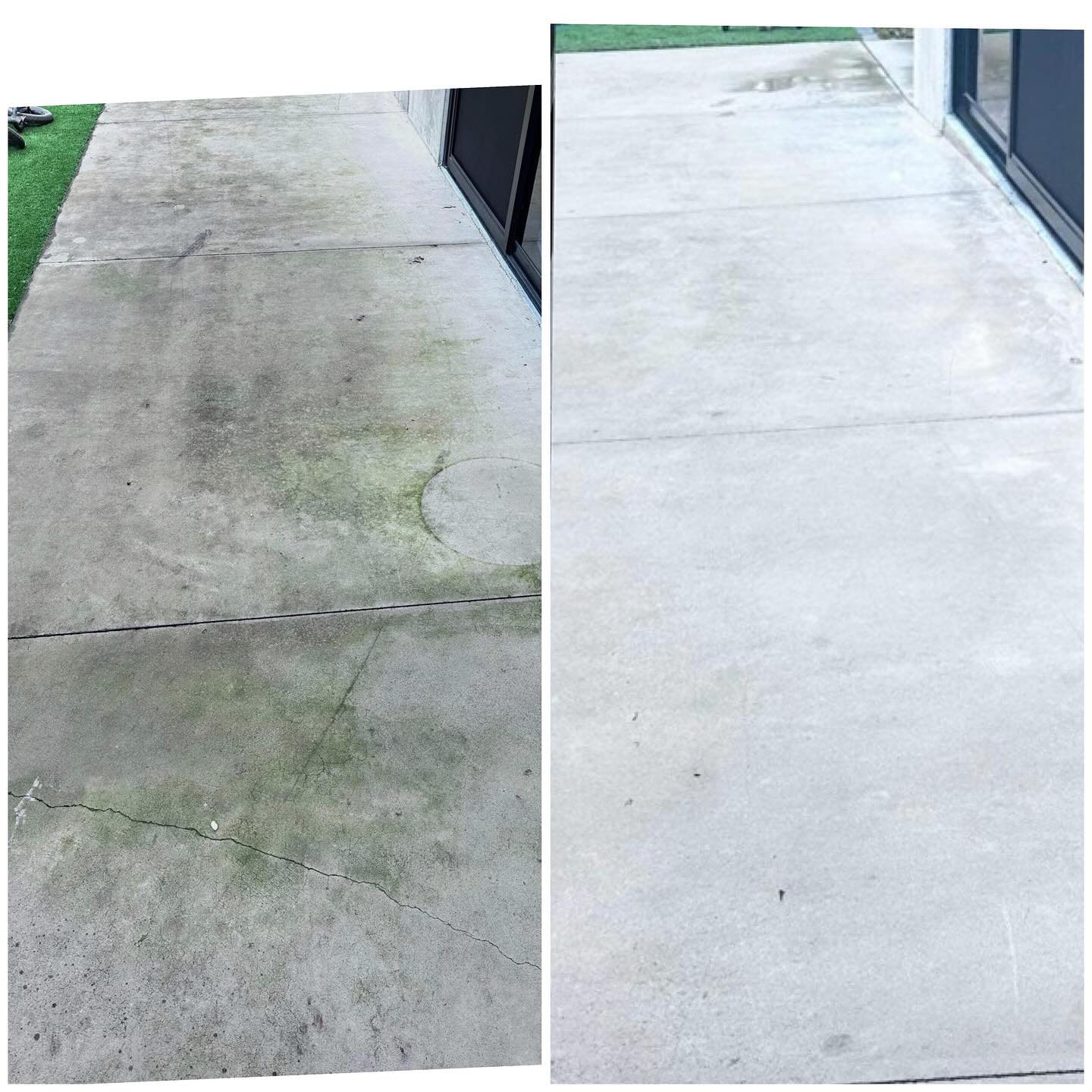 Before and after: moss and algae-covered concrete path pressure cleaned back to white
