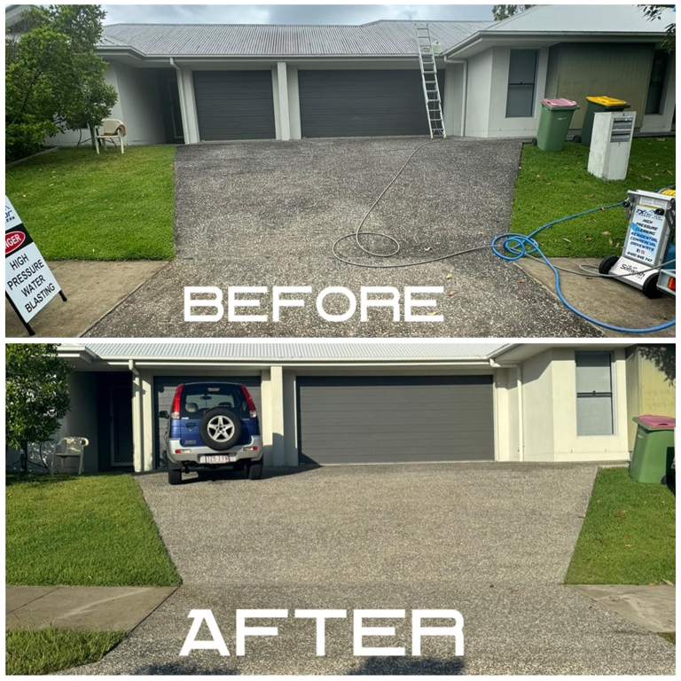 Before and after: aggregate driveway pressure cleaned
