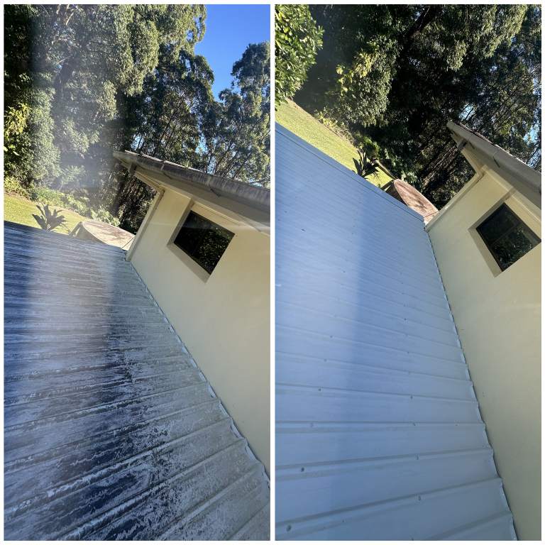 Before and after: oxidised metal roof cleaned to a white finish