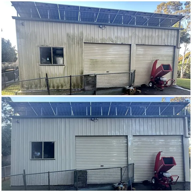 Before and after: algae-streaked shed and warehouse exterior washed clean