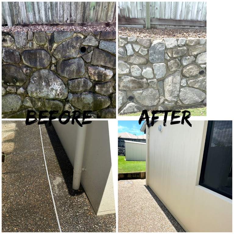 Before and after: stone retaining wall and concrete path cleaned