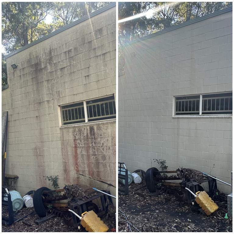 Commercial block wall pressure cleaned, before and after