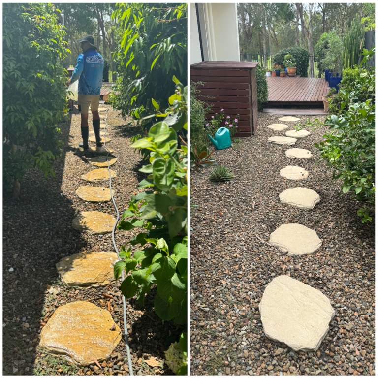 Stone garden path cleaned, before and after