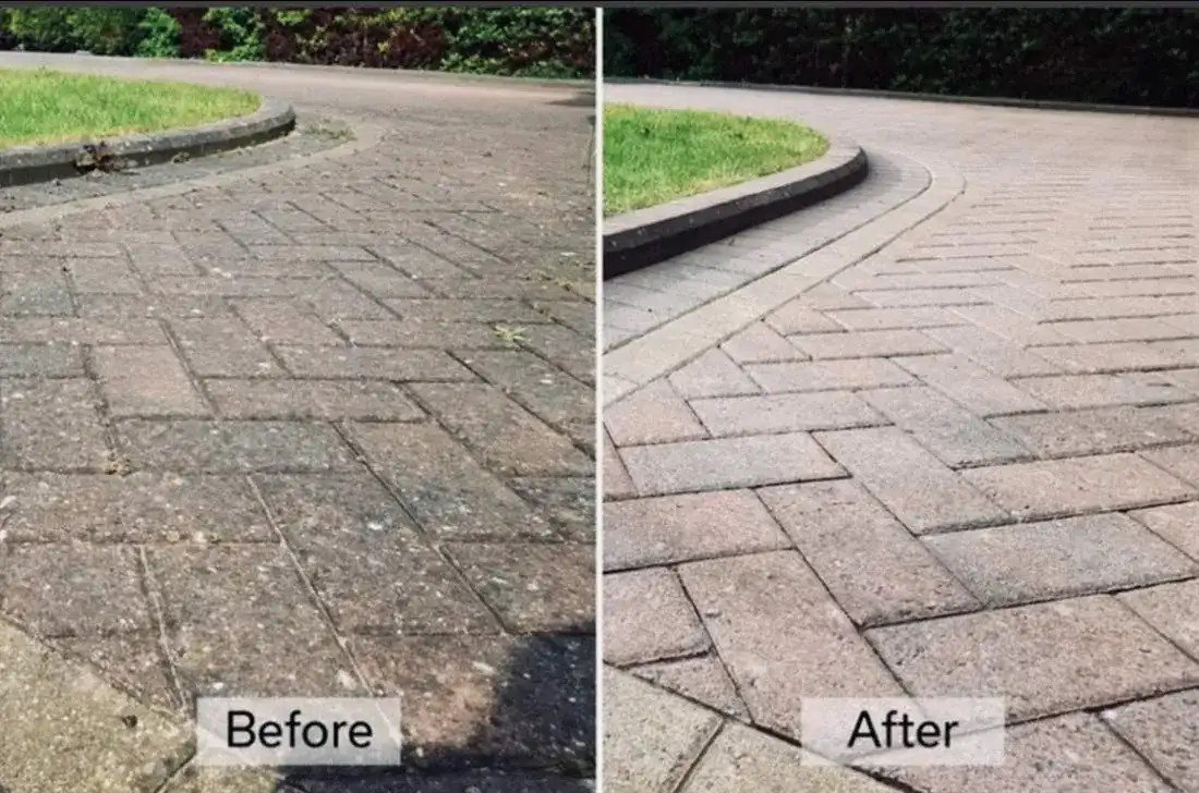 Paver driveway pressure cleaned, before and after