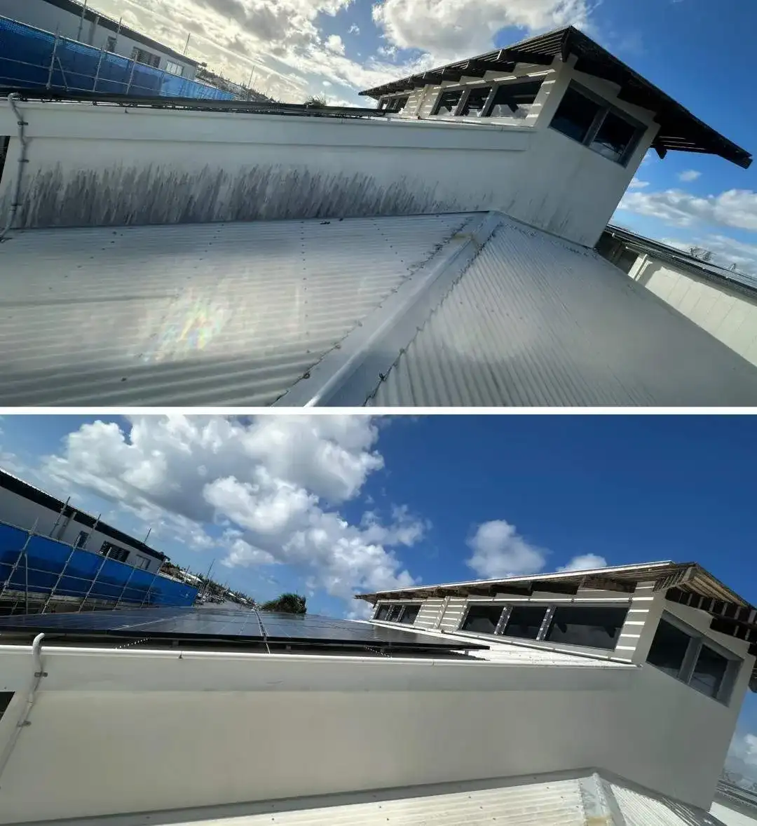 Roof and solar panels cleaned, before and after