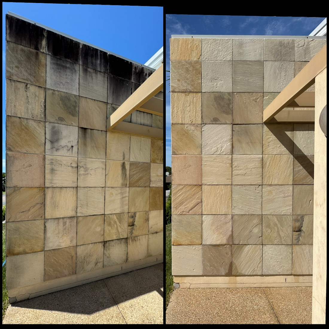 Sandstone feature wall soft washed, before and after